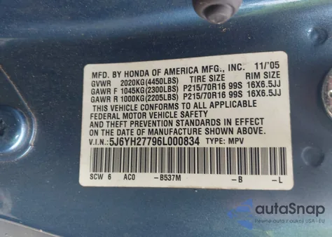 2006 Honda Element Ex-P z USA, uszkodzony, nr VIN 5J6YH27796L000834